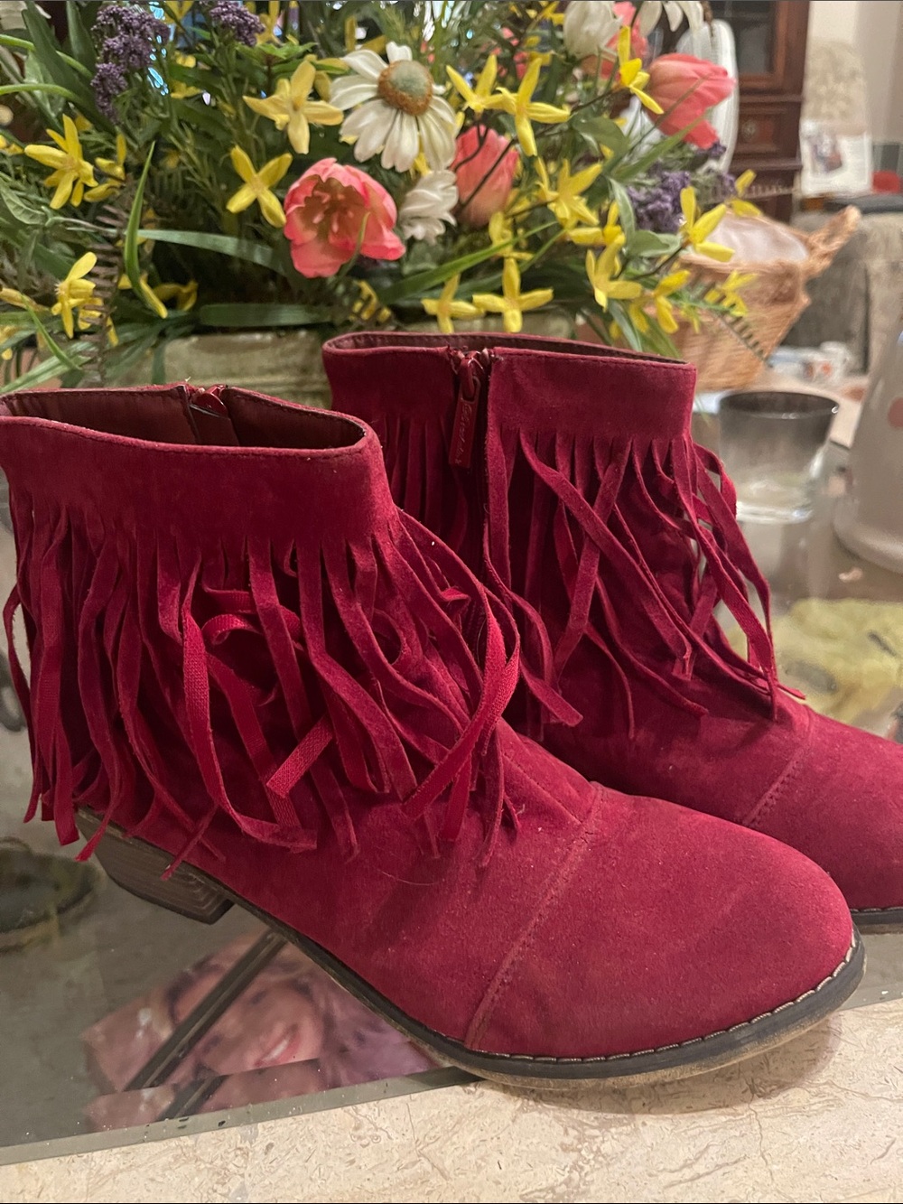 Breckelles Red Fringe Suede Ankle Booties